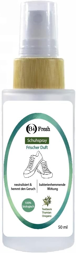 Bifresh Spray per scarpe biologico, 50 ml, effetto duraturo, timo, tea tree, arancione, neutralizza e inibisce l'odore, 100% biologico
