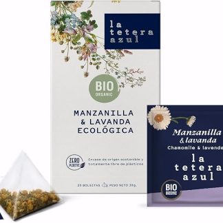 LA TETERA AZUL Infuso ecologico di camomilla e lavanda. Infusione digestiva organica in piramidi. Camomilla e lavanda. 20 piramidi.