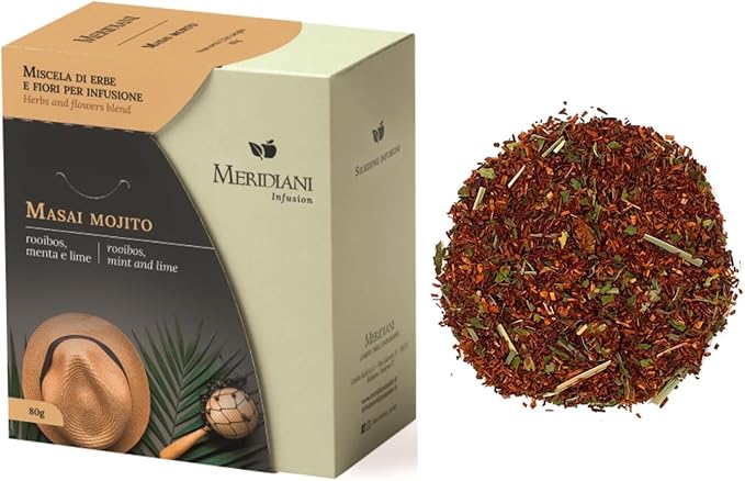 Meridiani® | Masai Mojito Infuso Rooibos Menta e Lime | Mix Fresco Intenso Base Rooibos con Erbe e Fiori per Infusione - (80 Gr)