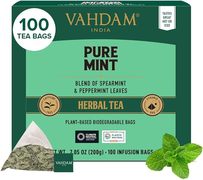 VAHDAM, Tisana Alla Menta Pura (100 Bustine) Senza Caffeina | Miscela di Dolce e Menta Piperita | Tè alle erbe | Infusi e Tisane con Te in Foglie | In Bustina Richiudibile con Chiusura Ermetica