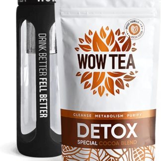 WOW TEA: Infuso di cacao Team - Tè disintossicante al cacao e bottiglia di tè con colino nero - 21 giorni di disintossicazione con tè nero e cacao, 150 g