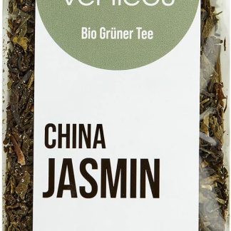 FRUTEG Gelsomino di tè verde biologico dalla Cina | Foglie di tè verde con fiori di gelsomino aromatizzati | Gusto intenso e tenero fragranza del gelsomino | 100 grammi