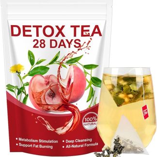 28 Jours Thé Détox - avec Thé Vert, Thé Oolong, Feuilles de Lotus, Pissenlit, Rose, Pêche - Infusion pour Ballonnements, Ménopause, Gestion du Poids et Vitalité - Mélange de Plantes pour le Bien-Être