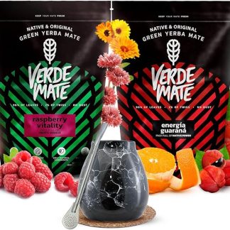 Verde Mate Yerba Mate Energizzante Set con Tazzina 1kg (2x500g) - Energia Guarana, Raspberry Vitality, Con Guaranà e Frutta, Caffeina Naturale