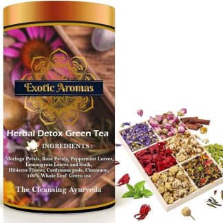 JARA Aromi esotici Tè verde disintossicante alle erbe con Moringa, Ibisco e Miscela di erbe Premium, 100g