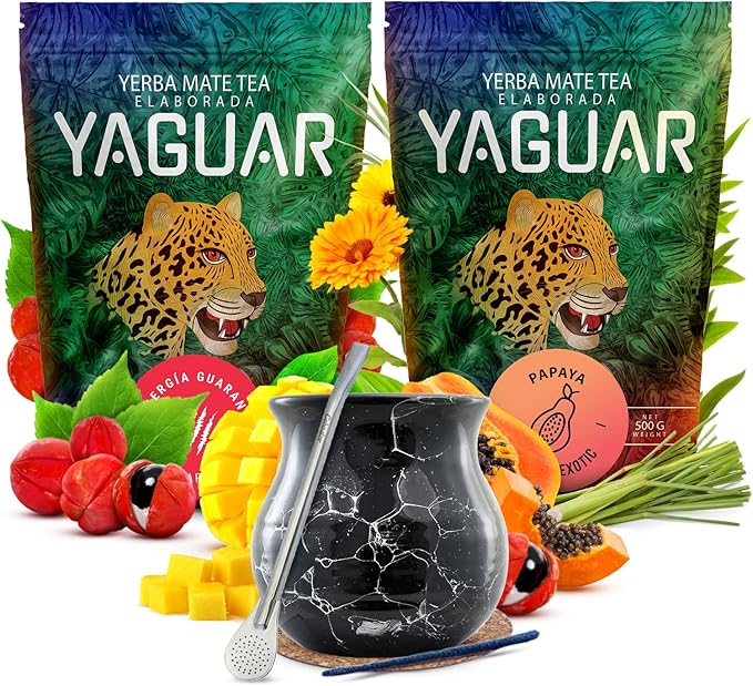Yaguar Yerba Mate Energizzante con Accessori 1kg (2x500g) | Guaranà, Papaya | Yerba Mate Stagionata Brasiliana | Gusto Delicato