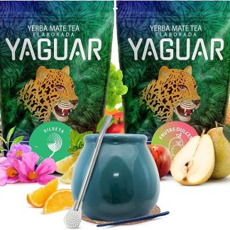 Yaguar Yerba Mate con Erbe e Frutta 1kg (2x500g) | Menta, Lapacho, Cisto, Mela, Papaya | Yerba Mate Stagionata Brasiliana | Caffeina Naturale