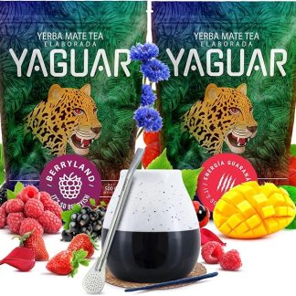 Yaguar Yerba Mate Energizzante con Accessori 1kg (2x500g) | Guaranà, Frutti di Bosco | Yerba Mate Stagionata Brasiliana | Sapore Delicato