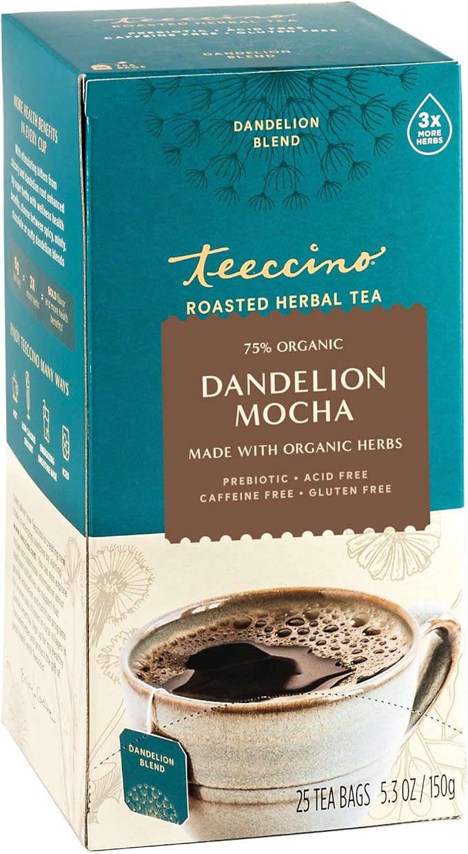 Teeccino Tè al tarassaco - Tisana arrostita senza caffeina con prebiotici, 3 volte più erbe rispetto alle normali bustine di tè - Alternativa al caffè senza glutine e senza acidi - 25 bustine di tè