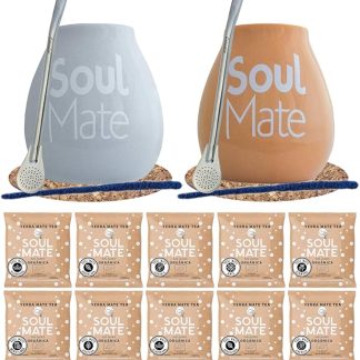 Soul Mate Yerba Mate Biologica Set Completo 500g (10x50g) | 2x Calebassa in Ceramica 350ml | 2x Bombilla Acciaio Inossidabile | Accessori di Cebador