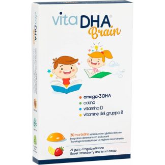 VitaDHA Brain - Integratore di Omega-3 DHA Gusto Fragola e Limone - 30 Morbidine - Supporto per la Salute Cerebrale dei Bambini