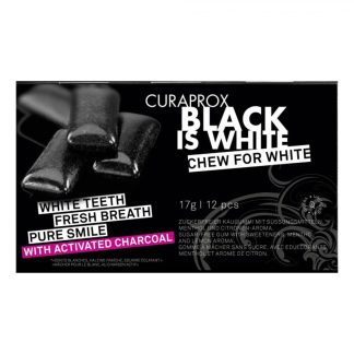 Curaprox Black Is White - Chewing Gum al Carbone Attivo, 12 Pezzi, Gusto Limone e Menta, Igiene Orale, Sbiancamento Denti